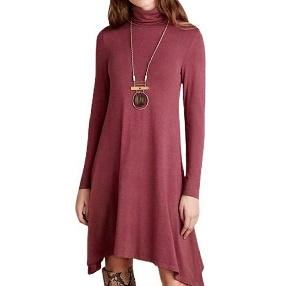 Maeve Anthropologie Asymmetric Turtleneck Jersey Knit Burgundy Red Dress